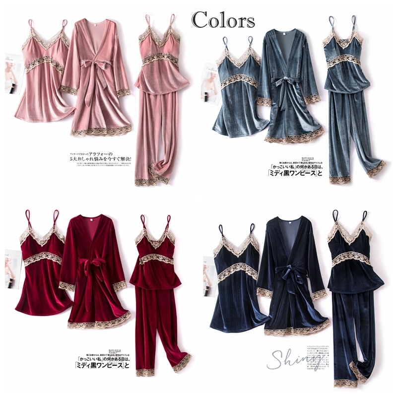 JULY'S SONG Women Velvet 4 Pieces Pajamas Sets Sling Sexy Lace Sleepwear Winter Autumn Pyjama With Chest Pad Wine Red Robe 201113
