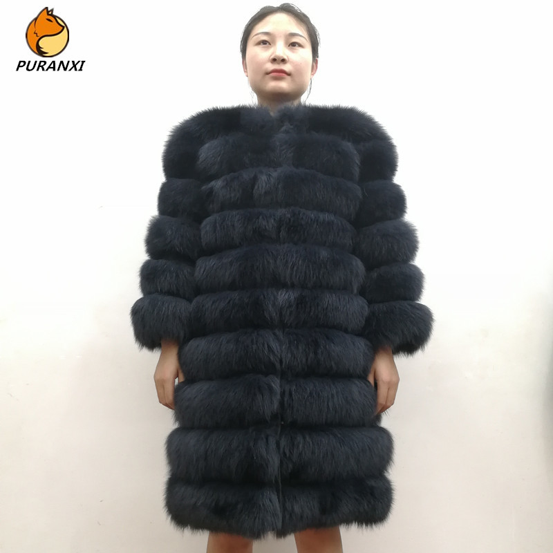 100% Natural Real Fox Fur Coat Women Winter Genuine Vest Waistcoat Thick Warm Long Jacket With Sleeve Outwear Overcoat plus size 201103