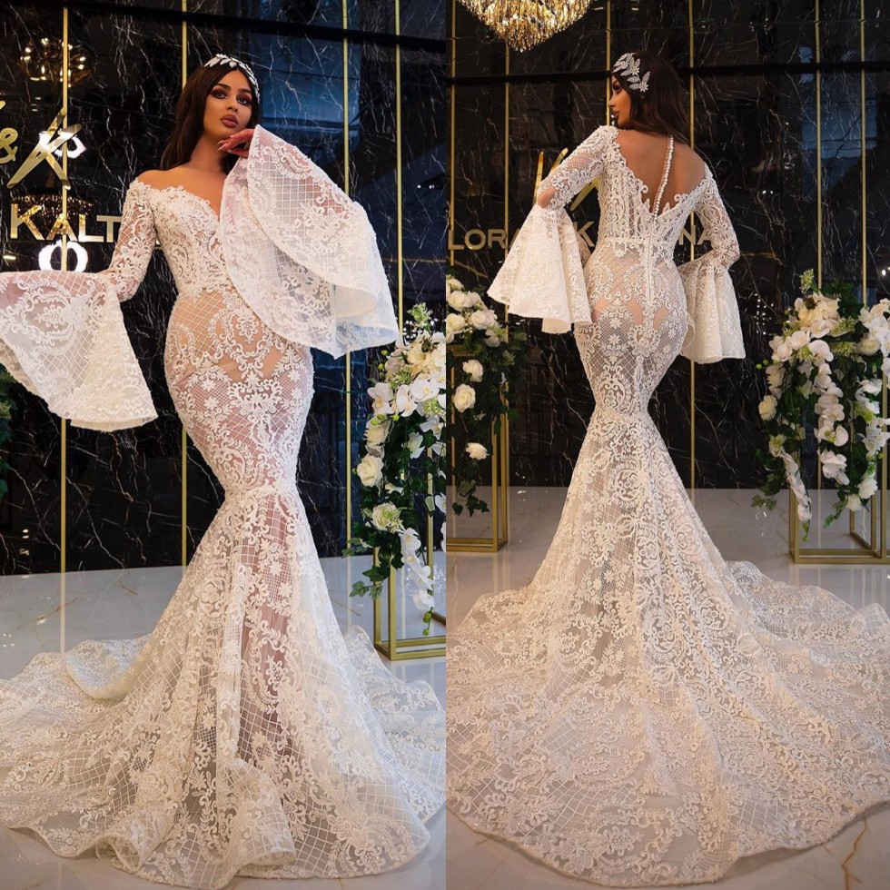 Beaded Flawless Lace Mermaid Wedding Dresses Sheer Plunging Neck Trumpet Long Sleeves Bridal Gowns Sweep Train Robe De Mari E