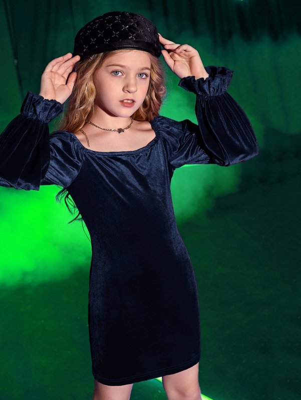 Girls Square Neck Velvet Dress Without Belt SHE01