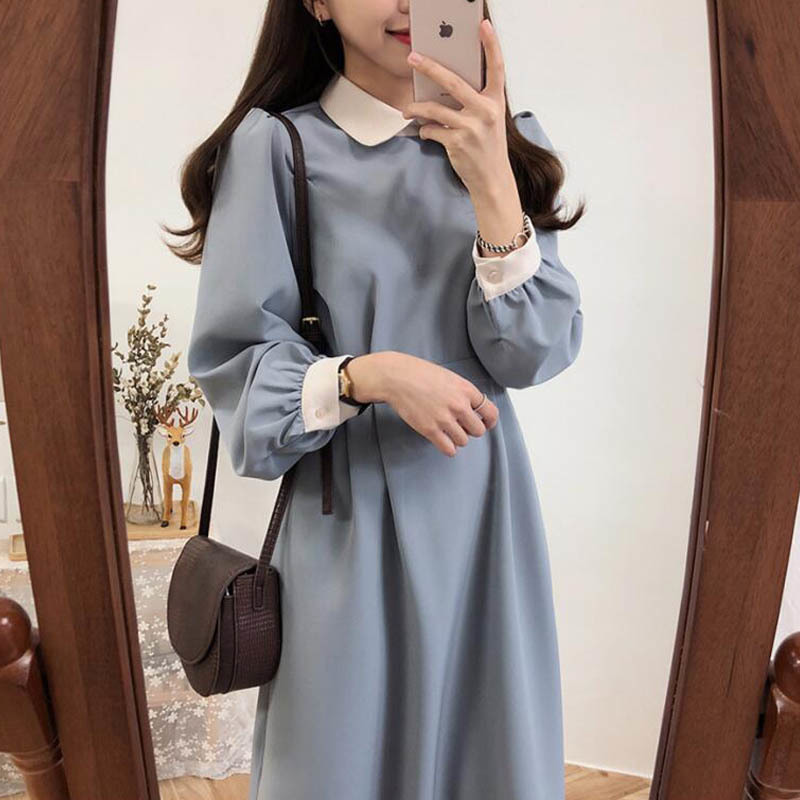 NORMOV Autumn Winter Long Hot Women Fashion Dress Solid Color A Line Patchwork Vintage Peter Pan Colla Knee-Length Dress 201008