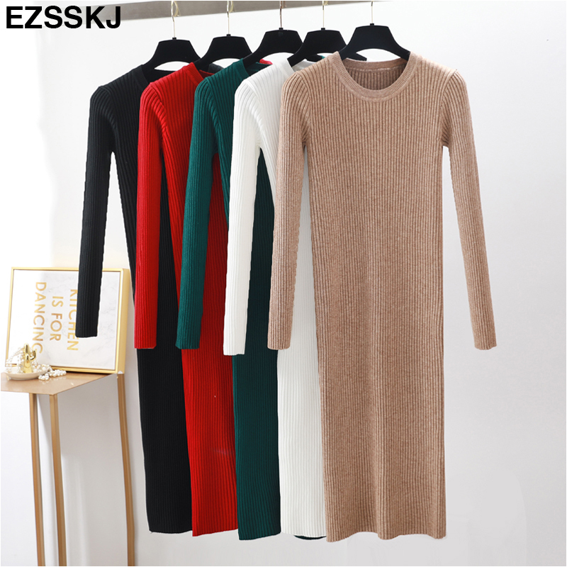 Autumn Winter long Sweater dress women solid bodycon Thick dress Female Jumper Oneck slim basic knit dress Long sleeve T200107