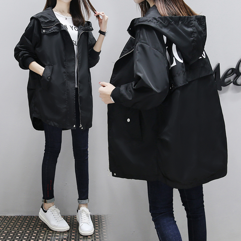 Korea Casual Trench Coat New Fashion Women Long Sleeved Hooded Letter Printed Medium Long Loose Windbreaker Autumn Coats 201211