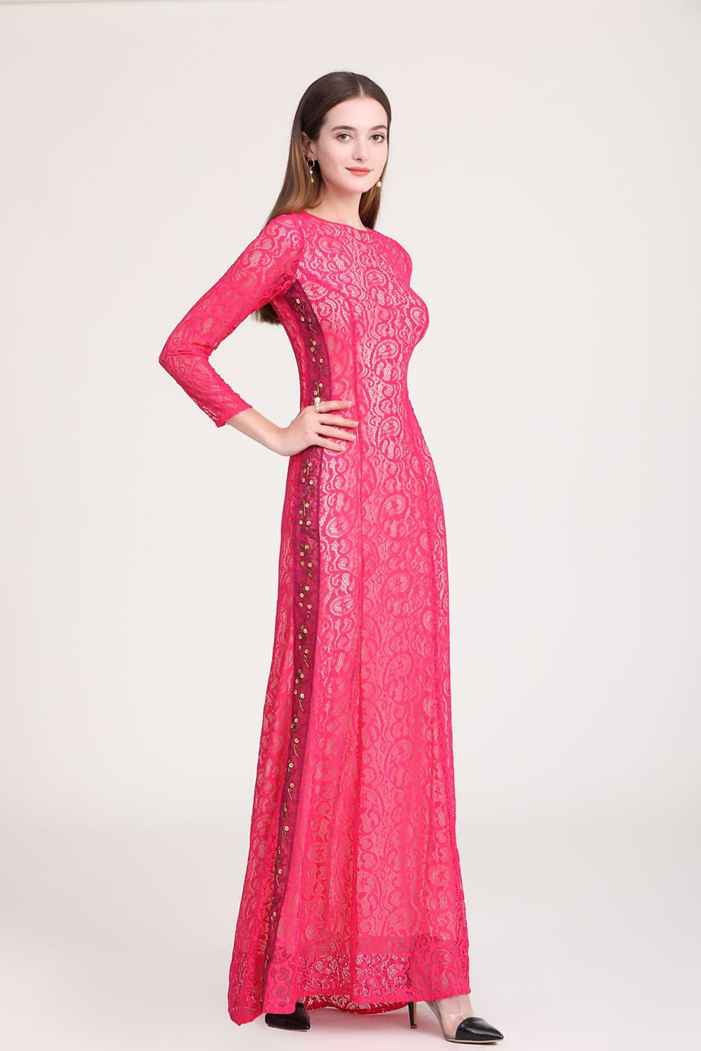 Women's Party Dress O Neck Embroidery Lace Long Sleeves Beaded Elegant Long Prom Runway Dresses