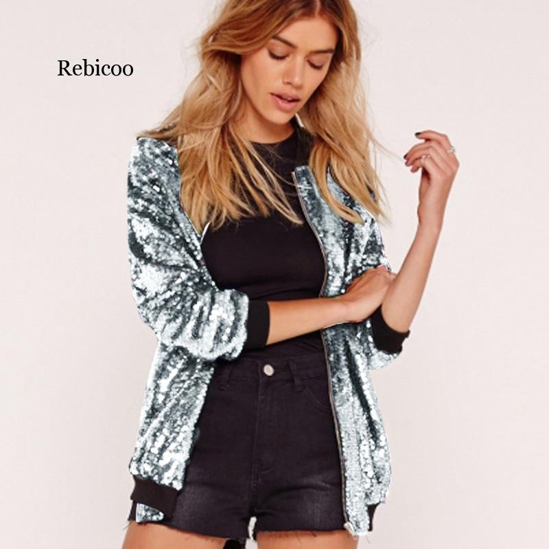 Autumn Winter Fashion Sequins Women Coat Long Sleeve Shiny Bomber Zipper Streetwear Casual Loose Glitter Outerwear Jacket, Silver 
Autumn Winter Fashion Sequins Women Coat Long Sleeve Shiny Bomber Zipper Streetwear Casual Loose Glitter Outerwear Jacket, Silver
