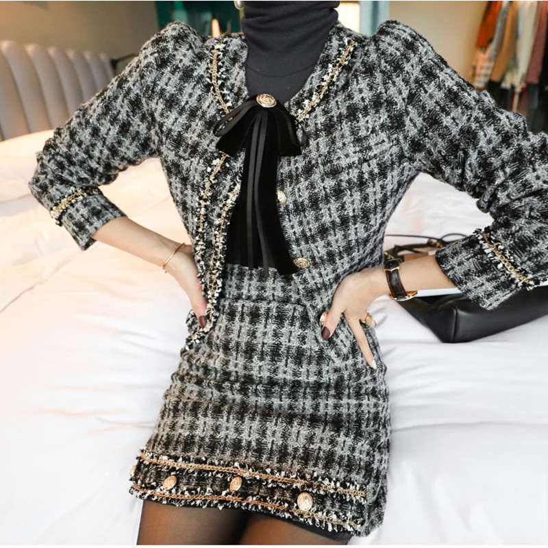 Autumn Winter Tweed Wool 2 Piece Set Women Bowknot Plaid Skirt Set Female Fringed Trim Short Jacket Coat + Bodycon Skirt Suit 201109