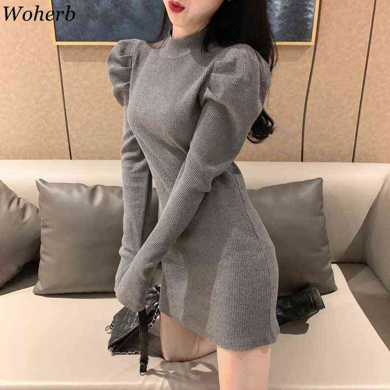 Woherb Sexy Slim Bodycon Dress for Women Half Turtleneck Knit Black Mini Woman Dresses Chic Elegant Robe Puff Sleeve Vestidos 211221