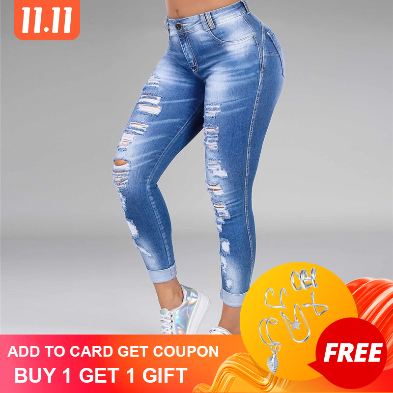 Washed Ripped Jeans Women Plus Size S5XL Korean High Waist Trousers Skinny Denim Jeans Black Blue Hollow Bleached Pencil Pants 201105