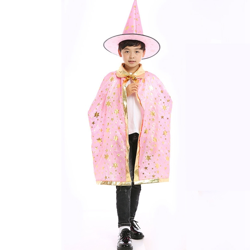 2pcs/set Halloween Cape Cloak Hood+Witch Hats Children Performer Magician Wizard Hot Stamping Five Star Cloak Cape Poncho Hat Set