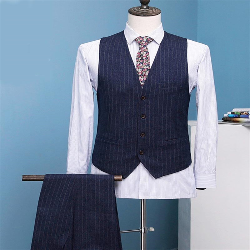 Handsome Pinstripe Men Suits Three Piece Wedding Tuxedos (Coat+Vest+Pant) Retro Peak Lapel Double-Breasted Formal Tailored Suit For Best Man