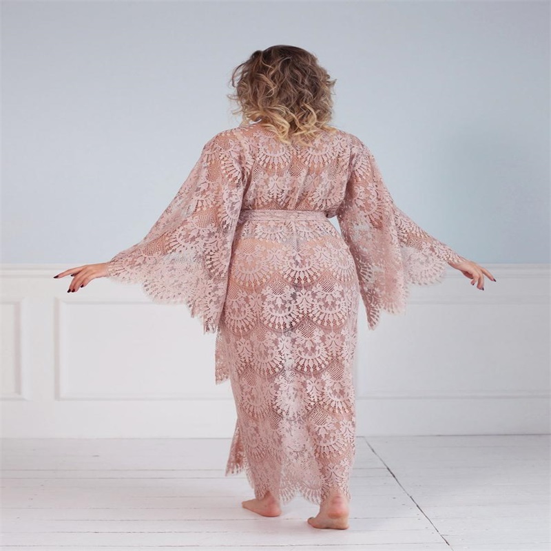 Pink Night Gown Fur Soft Tulle Pregnant Dress Bride Sleepwear Full Lace Long Sleeves Robes Custom Made Women Sexy Sleepwear Dresses