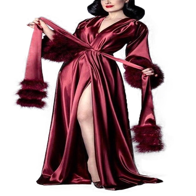 Red Sleepwear V Neck Long Sleeves Soft Fur Wedding Robe Nightgown Silk Satin Lace Sweep Train Wedding Pajama Custom Made