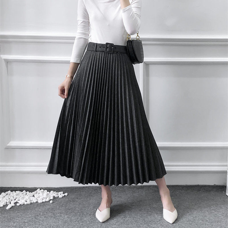 Women Pleated Skirt Autumn Winter High Waist Belt Solid Color Zipper Lady Skirts Elegant Female Saias Loose Mid-length Skirt T200113
