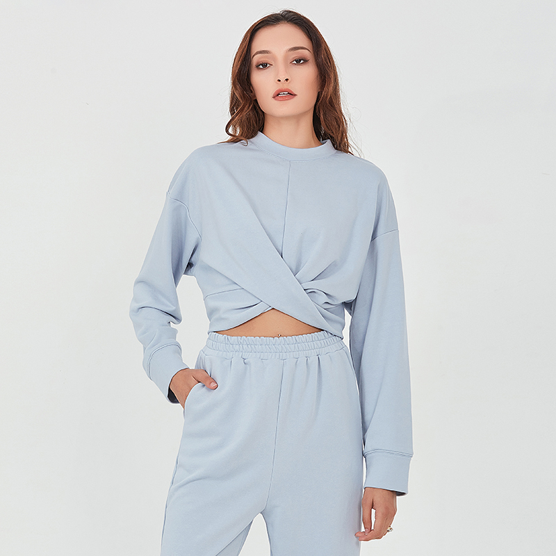 TWOTWINSTYLE Casual Two Piece Set For Women O Neck Long Sleeve Cross Ruched High Waist Wide Leg Pants Loose Sets Female New 201119