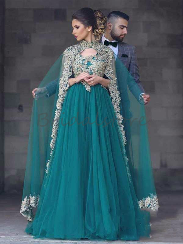 Green Muslim Abaya Evening Dresses With Caped Vintage A Line Tulle Prom Dresses 2021 With Gold Appliques Sexy Kaftan Dubai Evening Gown Chic