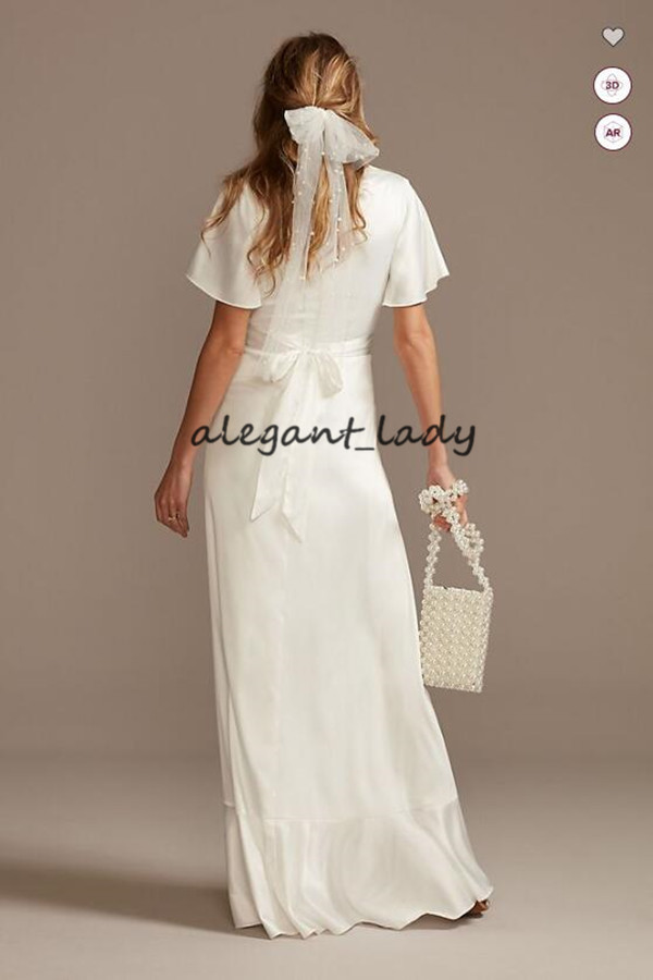 simple design bohemian wedding dresses with flutter sleeve 2021 vneck stretch satin dress with ruffle hem country bride gown