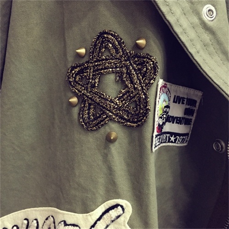 Casual Bomber Jacket Embroidery Applique Rivets Oversize Women Army Green Cotton Coat Y201006