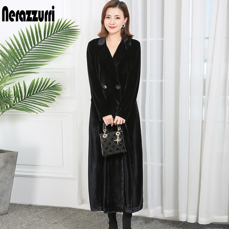 Nerazzurri spring womens clothes Double Breasted Peaked Lapel long sleeve long velvet coat plus size maxi overcoat women 201030