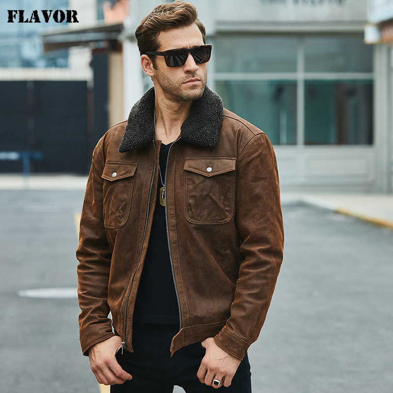 FLAVOR Men's Real Leather Jacket Genuine jacket with faux fur collar male Motorcycle warm coat 201114