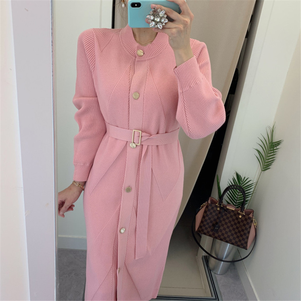 Winter Elegant O-Neck Single-Breasted Women Solid Sweater Long Sleeve Belted Knitted Mid-Length Dress Female 201126