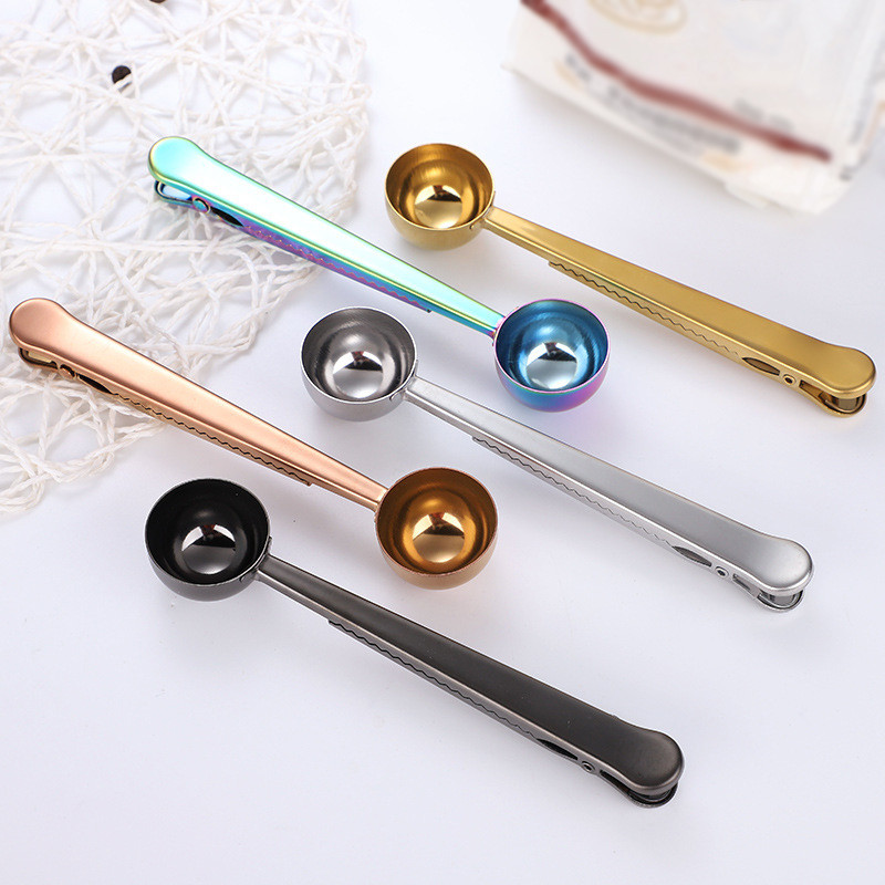 Coffee Scoop with Bag Clip 304 Stainless Steel Spoon Food Storage Clamp 2 in 1 Spoons for Measuring Coffee Tea Powder Free Shipping