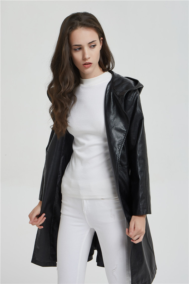 JS0098J-New womens leather jacket in autumn and winter medium long slim hood micro trumpet sleeve fashion leather trench coa 201030