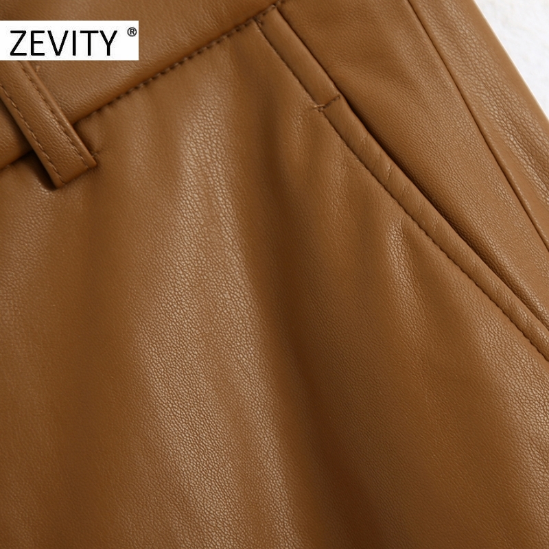ZEVITY Women fashion solid PU leather straight pants female zipper fly casual slim long Trousers chic autumn business pants P935 201228