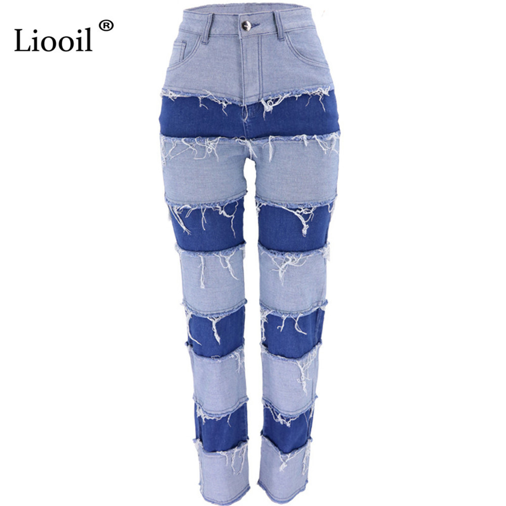 Liooil Color Block Straight Leg Jeans High Waist Pants Women Autumn Trousers With Pockets Patchwork Blue Sexy Denim Pants 201029