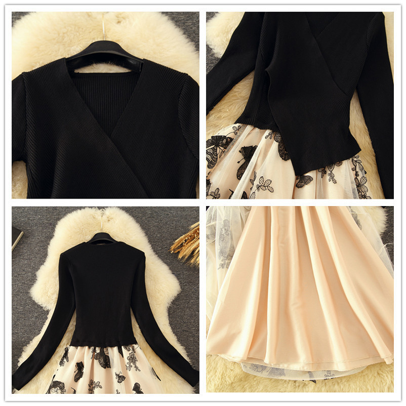 Ral Lace V-Neck Long Sleeve Knit Midi Dress | Spring