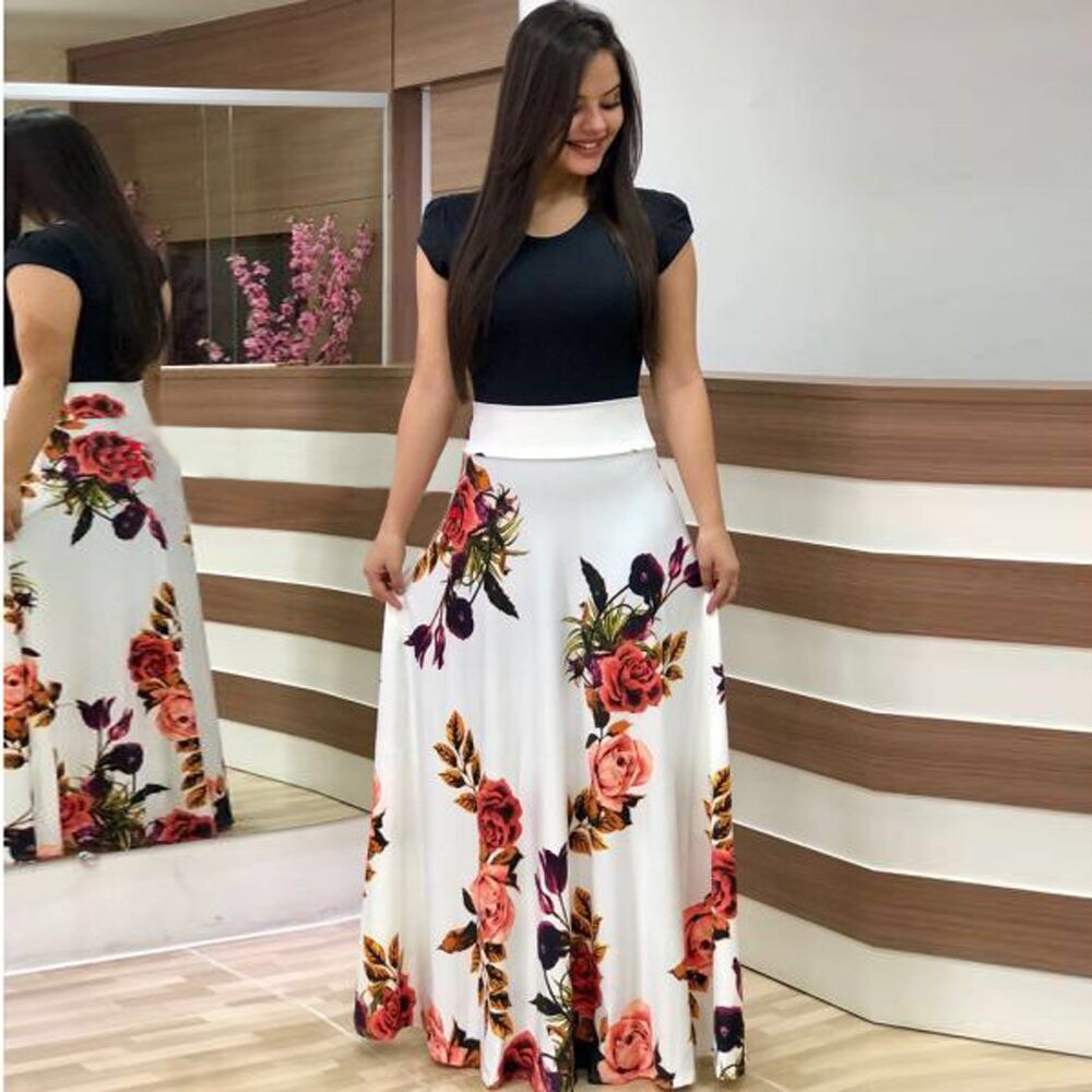Summer Women Casual Bohemian Dresses Printed Splicing Floral Banquet Round Neck Long Sleeve Tight A-Line Dress Plus Size