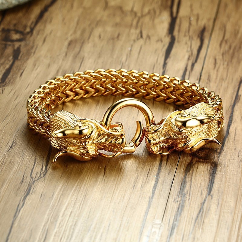 Men's Punk Double Dragon Head Herringbone Chain Bracelet for Men Braslet Stainless Steel Gold Tone Hip Hop Male Jewelry 22.5cm 200928