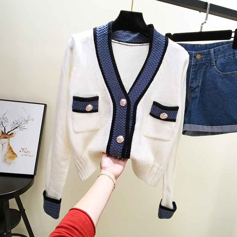 Gagaok Women Knitted Streetwear Sweater Early Spring New V-Neck Button Patchwork Short Sexy Slim Wild Female Fashion Cardigans 201030wtt