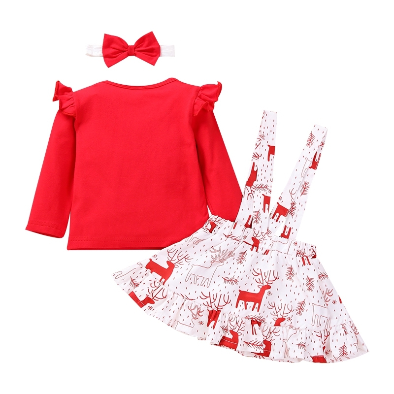 Baby Girl Christmas Set Kids Long Sleeve +Cartoon Flared Sleeves Tops Elk Pattern Strap Skirt with Headband 3pcs OutfitsX1019