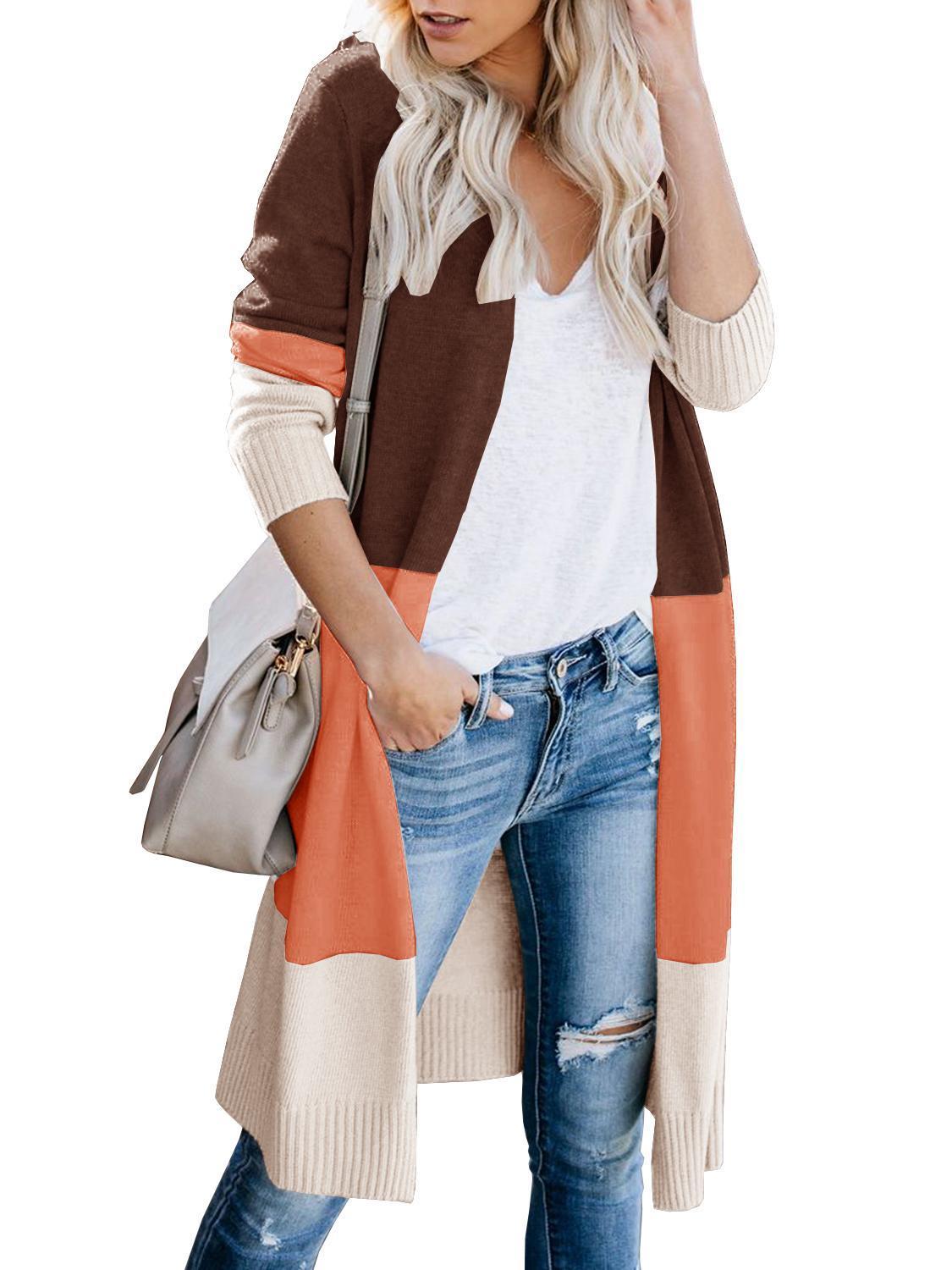 Unique Nature Womens Open Front Sweater Long Cardigans Boho Long Sleeve Color Block Knit Lightweight Kimono Duster Coats 201109