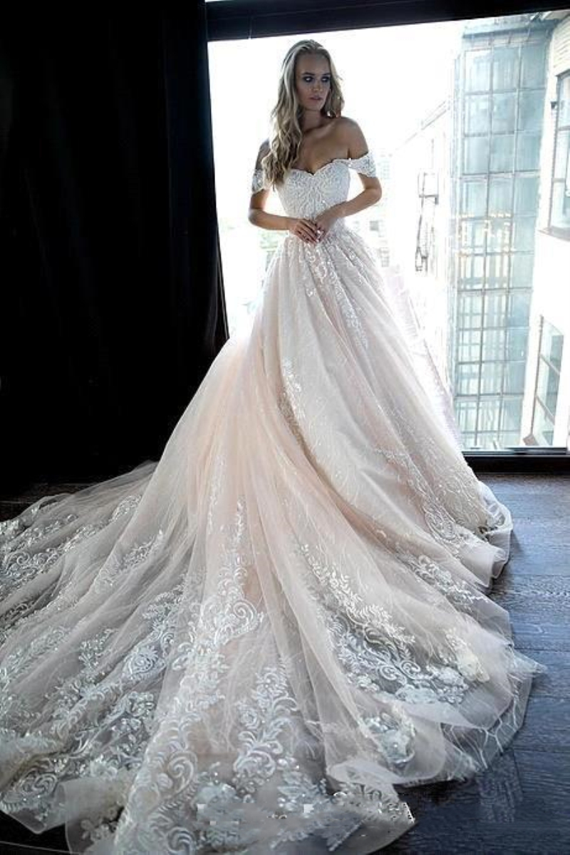 Luxury Light Pink Chapel Lace Wedding Dresses Bridal Gowns 2022 Off Shoulder Tulle Appliques Beads A Line Bride Weddings Dress Vestidos de novia Maria