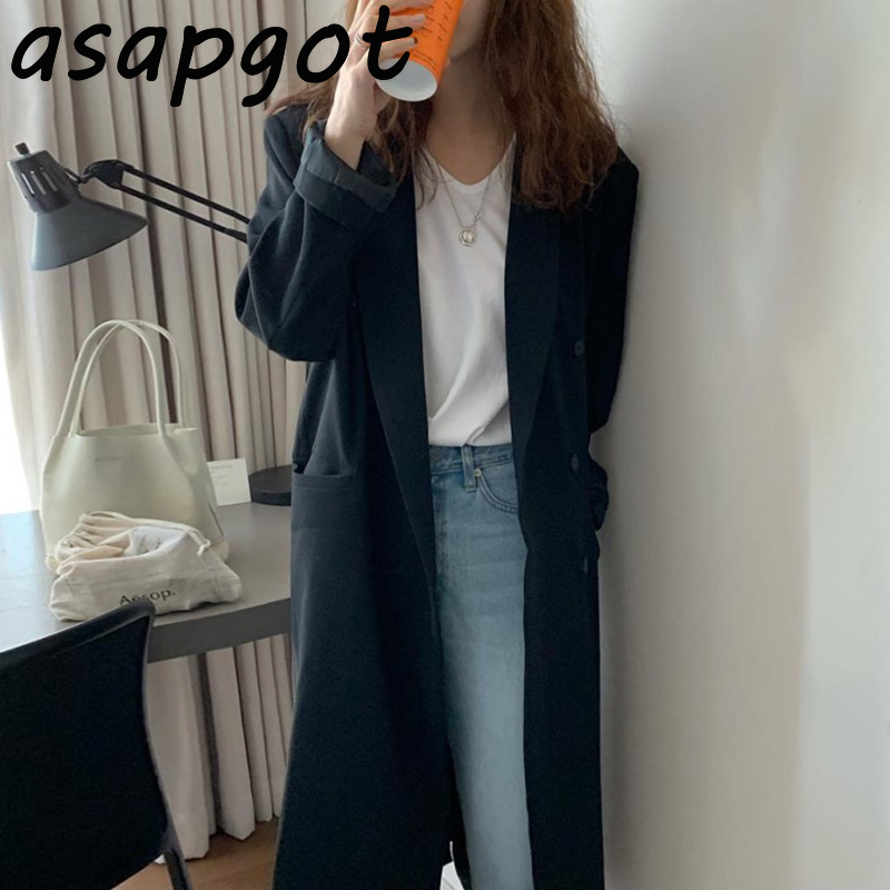 Slim Vintage Autumn Winter Lapel Double-breasted Loose Khaki Long Trench Coat Women Jacket Casual Street Elegant Pockets 201031