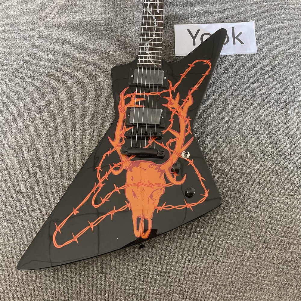 JUGG 1996 James Hetfield Woodburned Elk Skull MX-250 Black Explorer Electric Guitar, China EMG Pickup, Black Hardware
JUGG 1996 James Hetfield Woodburned Elk Skull MX-250 Black Explorer Electric Guitar, China EMG Pickup, Black Hardware