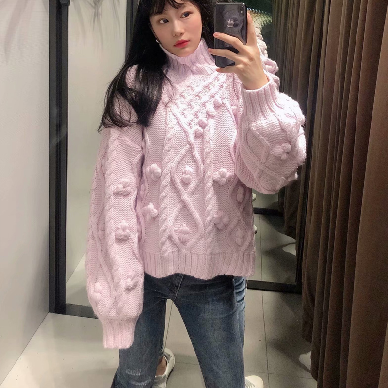Fall Za Pink Knitted Woman Sweaters With Pompoms Turtleneck Oversized Cropped Sweater Women Long Sleeve Ribbed Trim Pullover 201223