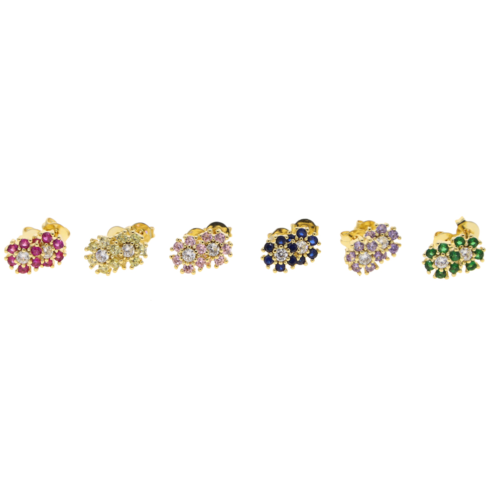 2021 Wholesale Rainbow Cz Pave Flower Shape Stud Earring with Green Purple Red Blue Pink Colorful Shiny Earring Jewelry for Girl Gift