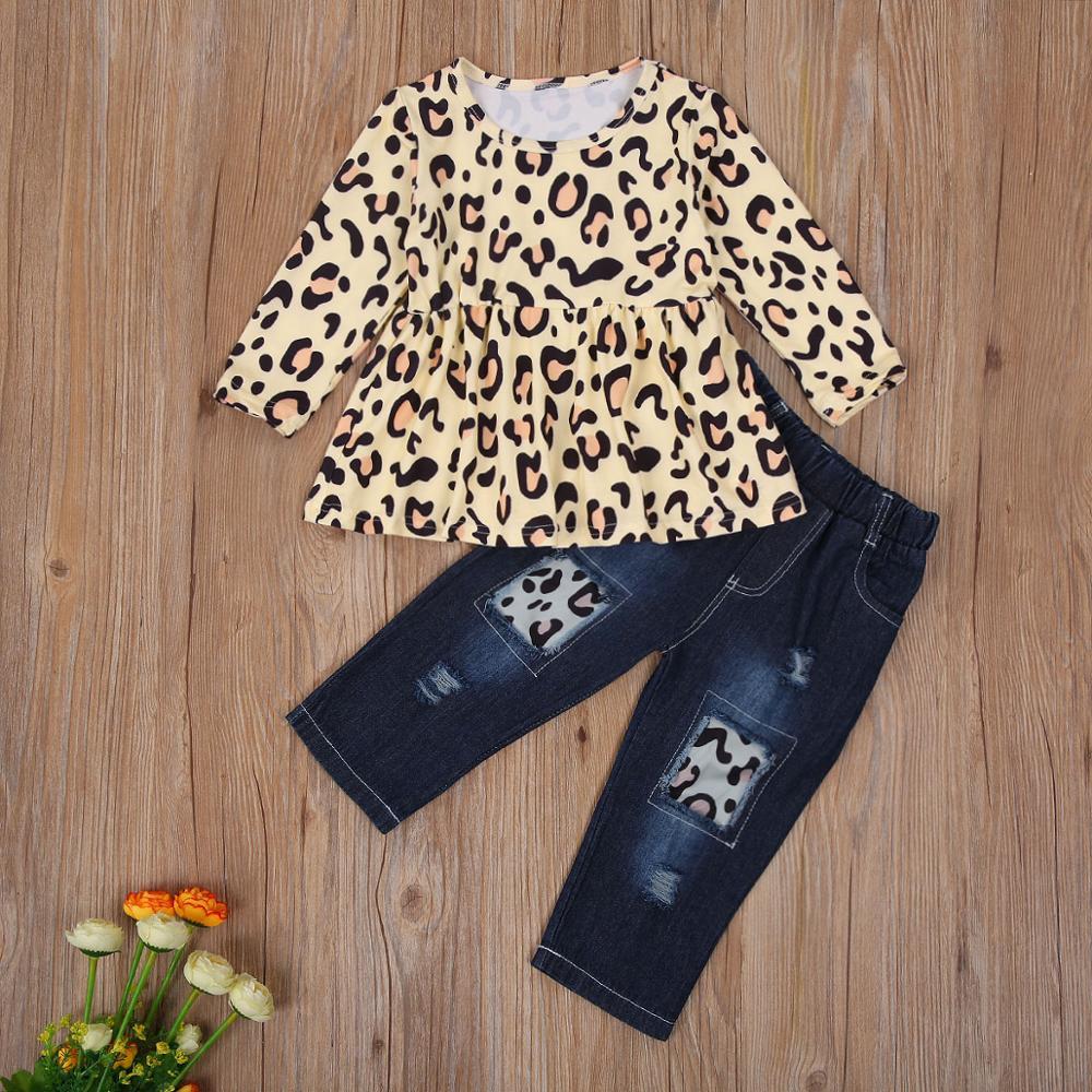 ZWF433 Girls Beige Leopard Printed Pattern Long Sleeve Round Collar Top + Long Jeans Set Kids Outfits Set For Kid Girl 3-10YearsX1019