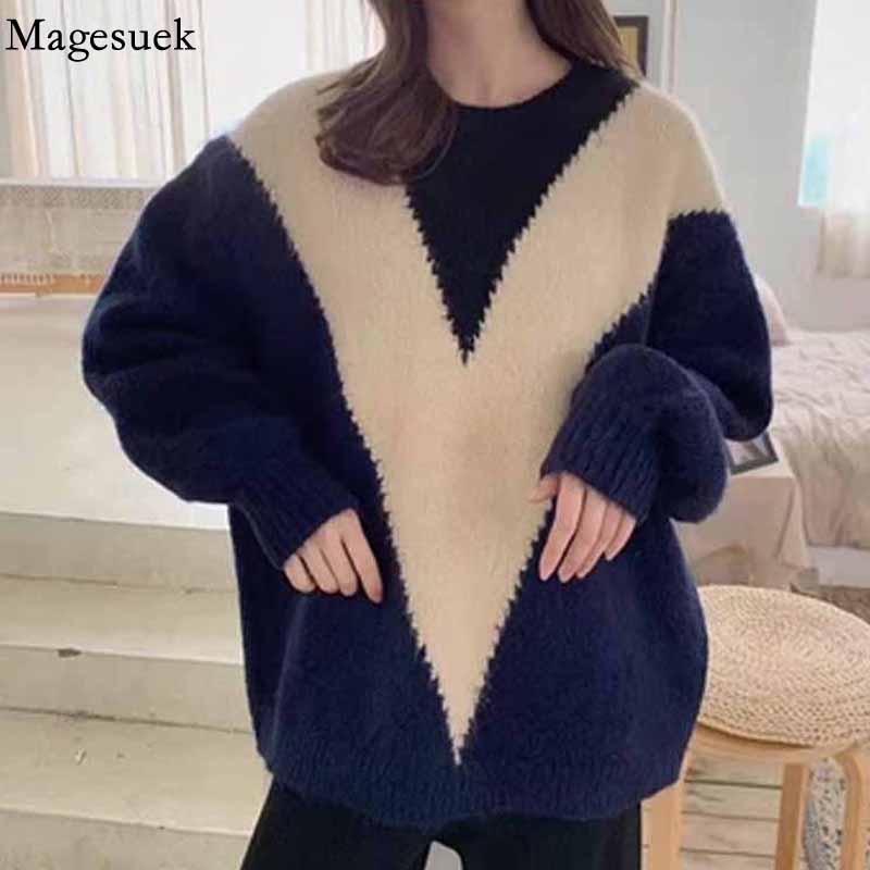 Women Winter 2020 Loose Long Sleeve Knitted Jumper O-neck Pullover Sweaters V-shaped Stitching Geometric Contrast Sweater 11648, Navy
Women Winter 2020 Loose Long Sleeve Knitted Jumper O-neck Pullover Sweaters V-shaped Stitching Geometric Contrast Sweater 11648, Navy