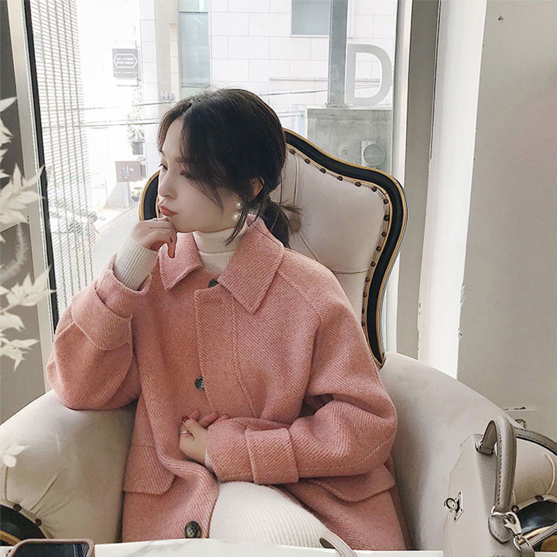 Autumn Winter Wool Coat Women Slim Aline Medium Long Pink Korean Style Pink Coats Ladies Elegant Turn Down Collar Outerwear 201102