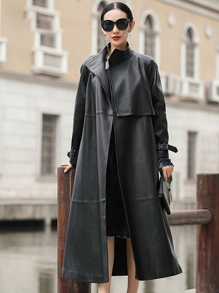 Nerazzurri black long faux leather trench coat for women belt Raglan sleeve spring autumn coat women plus size loose overcoat 201226