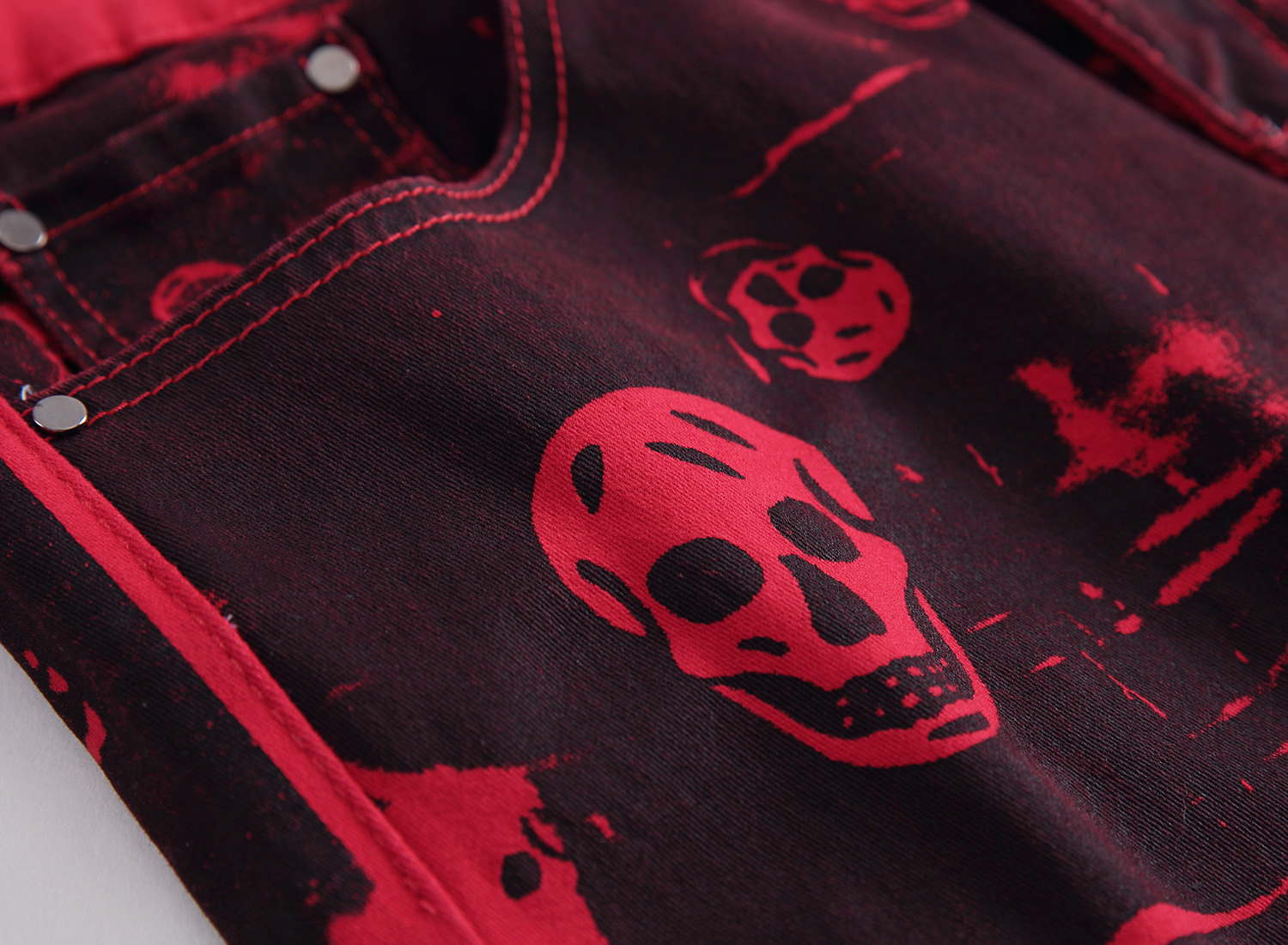 Autumn Men's Fashion Skeleton Skull Printed Night Club Personality Jeans Male Slim Fit Red Denim Pants Long Trousers,9001 201223