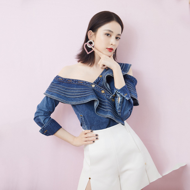 2020 Spring Sexy Denim Shirt Women Ruffles One Off SHoulder Long Sleeve Women Blouse Blue Denim Jeans Blouse Ladies Tops T200321