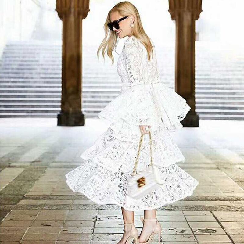 Bellflower Flare Sleeve Sexy Lace Maxi Dress Women Autumn White Ruffles O-Neck Empire Elegant Party Club Dresses Plus Size T200113