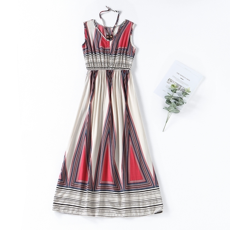 Summer New Vintage Ladies Fashion Blending Bohemia Printed Halter Vneck Midcalf Dres Beading Aline Dress T200526