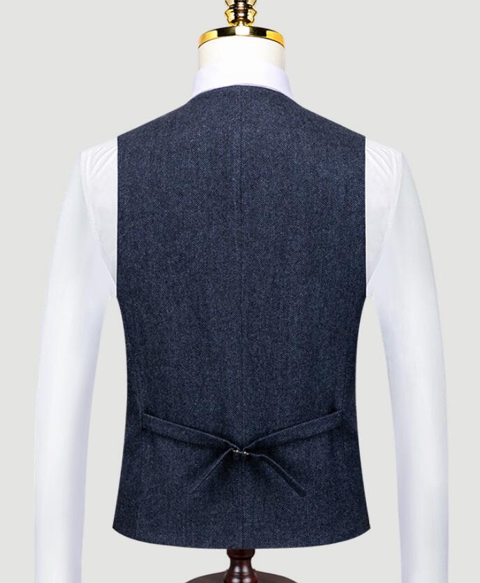 Double Breasted Groom Vests Wedding Brown Wool Herringbone Tweed Groomsmen Vests Men's Suit Party Prom Farm Country Waistcoat Navy Blue