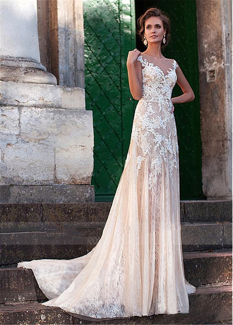 2021 Summer Boho Nude Trumpet Wedding Dress With Lace Appliques Illusion Back Sexy Mermaid Bridal Gowns Long Beach Country Bride Dresses