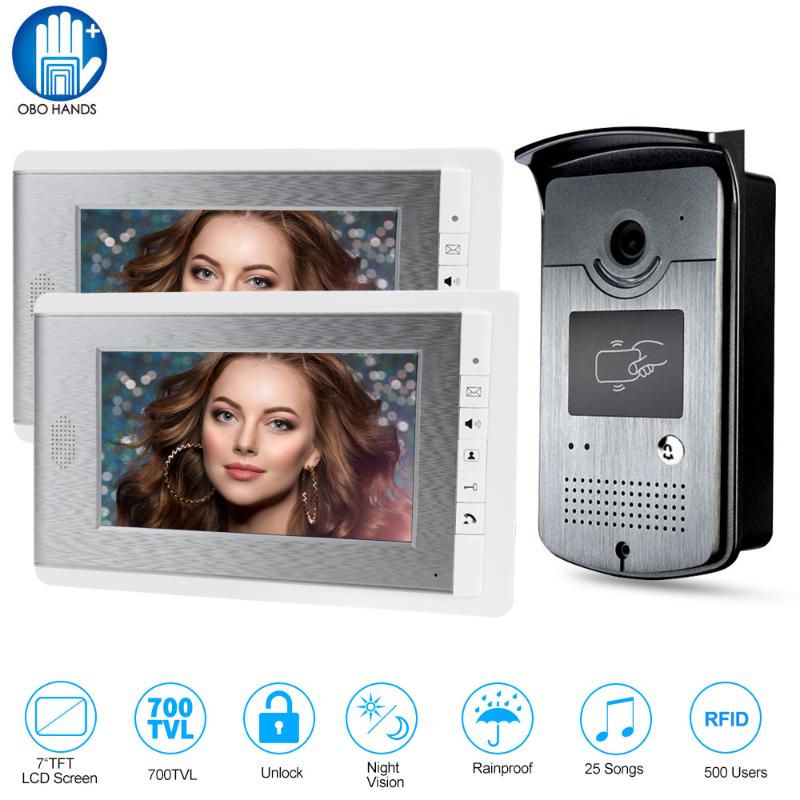 

Wired RFID 7'' TFT Color Video Intercom Doorbell System 2 Monitor Video Door Phone Entry Home IR COMS Camera 700TVL 500 Users